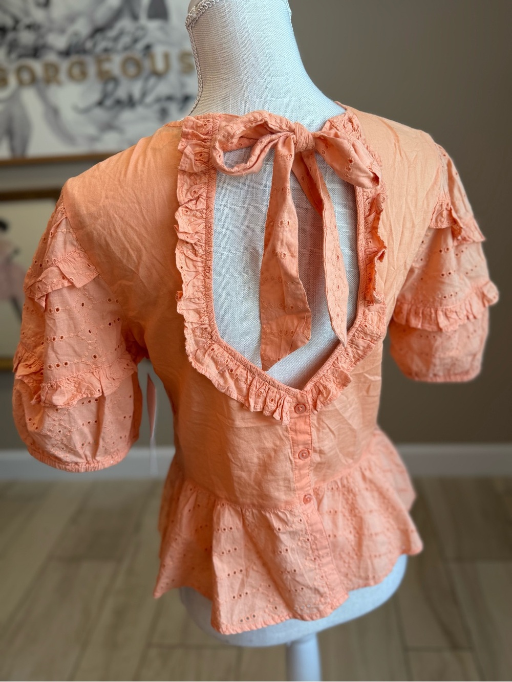 NWT! Calligraphie Peach Eyelet Ruffle Tie-Back Blouse